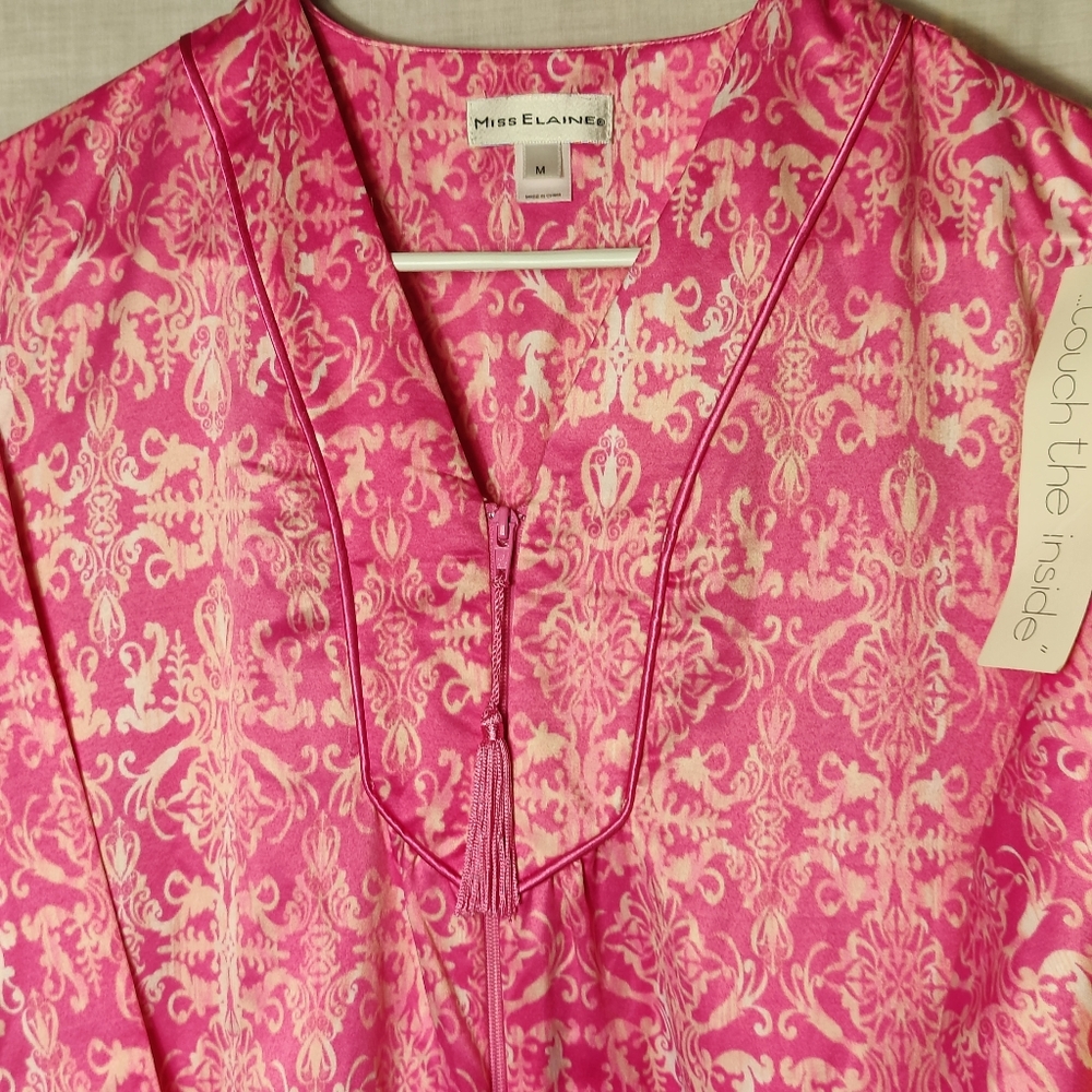 Miss Elaine Pink Satin Damask Robe M Full Zip Tassel Pockets Soft Lounge - Picture 3 of 15